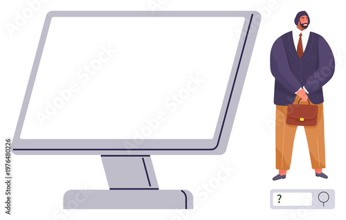 Online inquiry, business strategy, digital research, information search, office work, professional tools. A man in formal attire holds a briefcase beside a blank computer monitor. Online inquiry