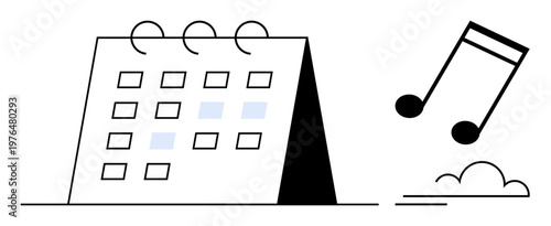 Event planning, music festivals, calendar management, scheduling, entertainment, organization. Minimalist calendar with music note. Event planning and music festival concept