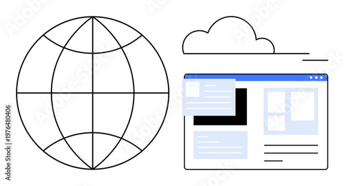 Web services, global connectivity, cloud computing, online platforms, data exchange, network solutions. A globe, cloud and webpage design in minimalistic style. Web services and global connectivity