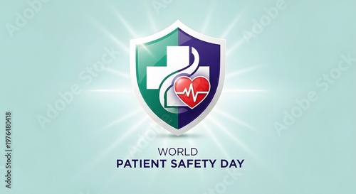World Patient Safety Day Banner with Medical Shield, Cross, and Heart Icons for Healthcare Protection and Awareness