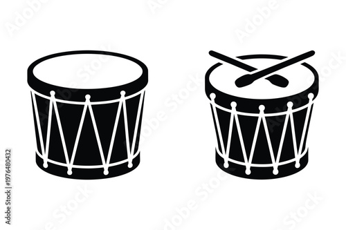 Two drums and drumsticks silhouette icons with percussion instrument orchestra