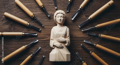 Top View of Wooden Female Sculpture with Carving Tools Arranged in a Circular Layout on Dark Timber Background
