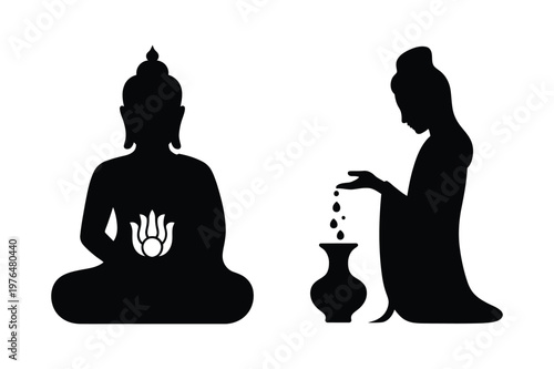 Buddha statue and deity pouring water silhouette with meditation, enlightenment