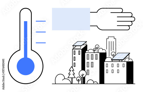 Sustainability, eco-friendly living, green energy, urban development, environmental conservation, renewable energy. A thermometer, a hand and buildings with solar panels. Sustainability and green