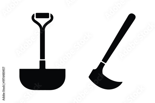 Shovel and hoe tool silhouettes for gardening or construction with gardening