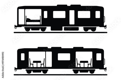 Train carriage interior silhouettes with bed and dining table, interior design