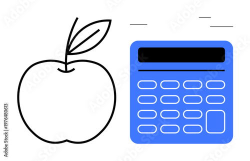 Education, healthy lifestyle, mathematics, schooling, learning, calculation. A minimal design an apple and a calculator. Education and healthy lifestyle connection