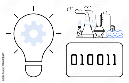 Innovation, automation, industry, energy, technology, coding. Light bulb with a gear icon, factory emitting smoke binary code. Innovation and automation concept emphasizing industry and energy