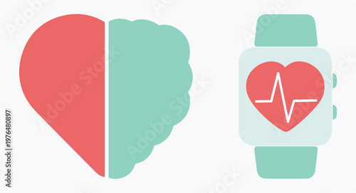 Heartbeat, mental health, clock, measurement, pulse, brain, heart, well-being. Mind, emotion, medicine, psychology, doctor, feeling, therapy. Set, model, icon, concept
