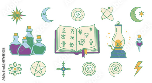 Colorful collection of mystical and occult elements in flat design style, isolated white background.