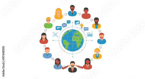 Diverse people avatars connecting around globe for global communication and social network, isolated white background.