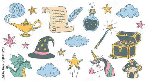 Vibrant hand-drawn collection of fantasy and magical creatures with objects, isolated white background.