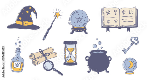 Hand-drawn colorful collection of magic and wizardry elements, isolated white background.