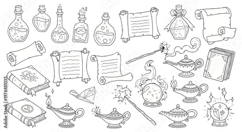 Hand-drawn outline collection of magic, alchemy, and fantasy objects, isolated white background.