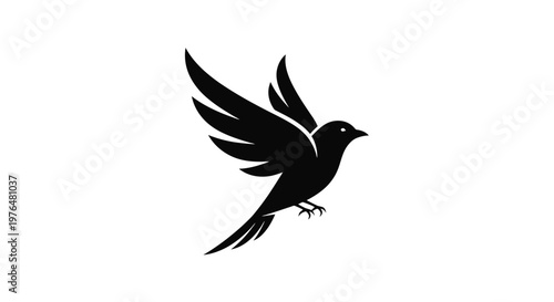 Simple black flying bird logo with outstretched wings, isolated white background.