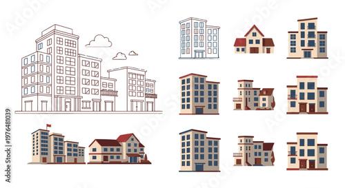 Diverse set of city buildings and residential houses in flat color and line art styles, isolated white background.