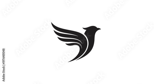 Stylized black flying bird logo with spread wings, isolated white background.
