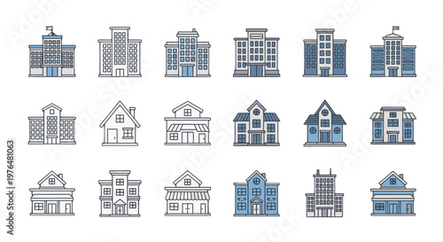 Set of various city building icons in modern flat line art style, isolated white background.