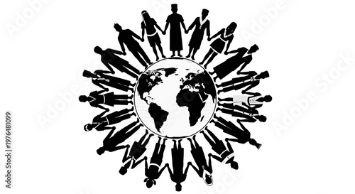 Black and white illustration of people holding hands around the globe, symbolizing global unity and community.