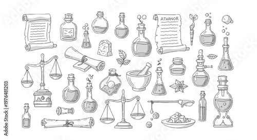 Hand-Drawn Alchemy and Chemistry Objects Collection, Vintage Science Lab Elements Set, Old Scrolls Potions Vector, isolated white background