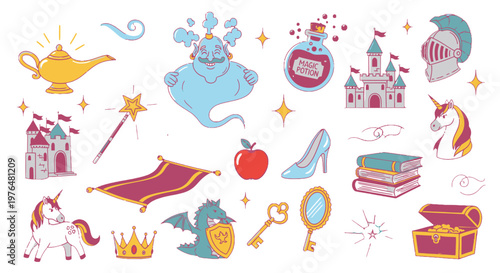 Whimsical Fairy Tale Magic Objects Collection, Fantasy Story Elements Set, Magical Unicorn Genie Vector, isolated white background