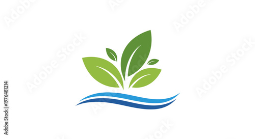 Green Leaves and Blue Wave Eco-Friendly Logo, Nature and Water Element Icon, Organic Growth Symbol, isolated white background