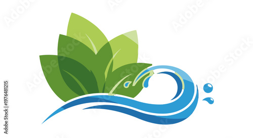 Green Leaves and Blue Water Wave Eco Logo, Nature and Environment Symbol, Organic Freshness Icon, isolated white background