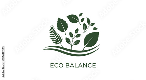 Dark green leaves and fern eco balance logo with elegant text, symbolizing nature and environmental harmony, isolated white background.