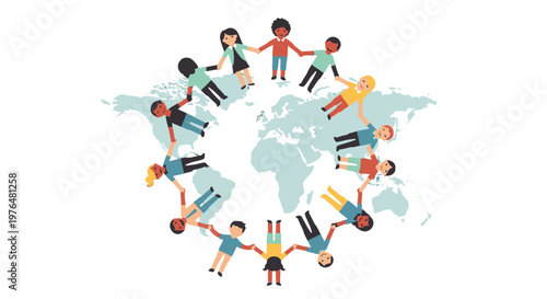Diverse children from around the world holding hands in a circle over a global map, symbolizing unity and peace.