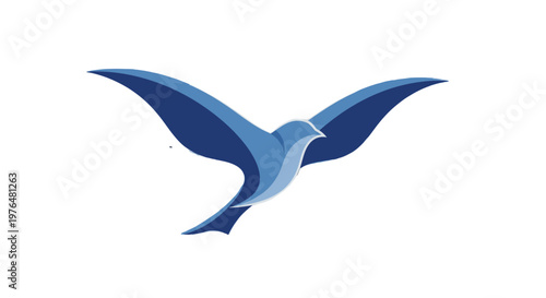 Elegant blue flying bird logo in abstract minimalist design, symbolizing peace and freedom, isolated white background.