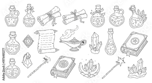 Detailed black and white outline of magic and wizardry objects, including potion bottles, ancient scrolls, spell books, crystals, and a magic wand, isolated white background.