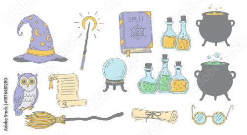 Whimsical hand-drawn wizard and witch magical objects set, including spellbook, potions, hat, owl, crystal ball, and wand, isolated white background.