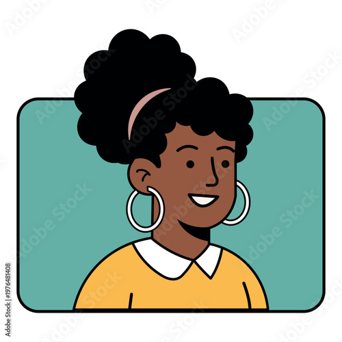 Stylized illustration of a smiling Black woman with hoop earrings and a yellow top
