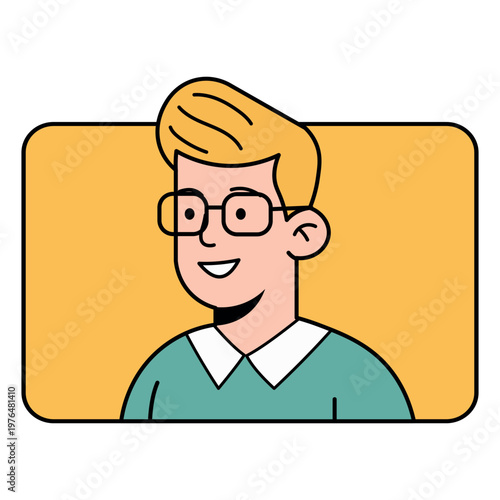 Friendly cartoon man with glasses and blond hair smiling against a yellow background