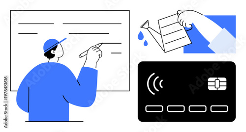 Education, financial literacy, environmental awareness, contactless payments, digital interaction, sustainability. Man writing on board, watering paper and contactless card. Education and financial