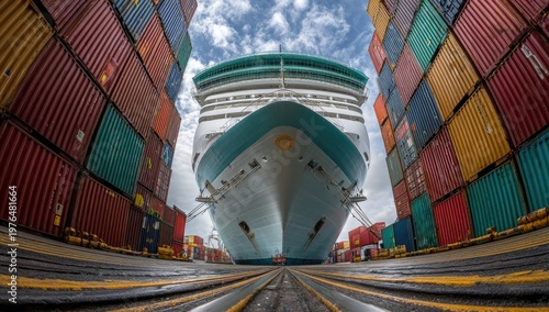 Cruise ship dwarfed by stacked, colorful shipping containers