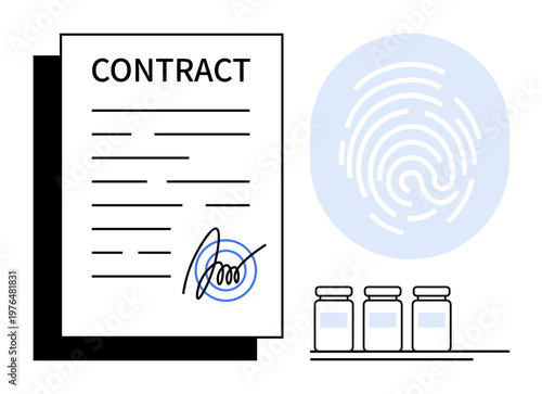 Legal documentation, biometrics, digital identity, medicine approval, pharmaceutical contracts, personal data. A signed contract, fingerprint circle and medicine bottles. Emphasis on legal