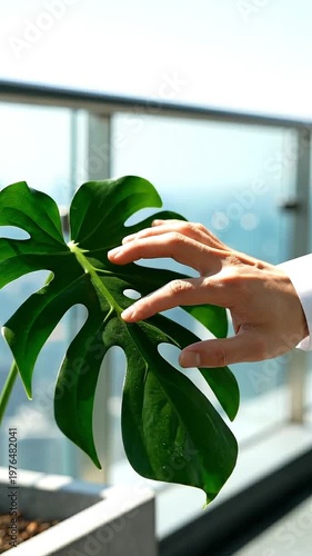 Hand gently touching a green Monstera Deliciosa leaf on a sunny balcony, city view in the background, urban gardening and plant care concept, sunlight reflecting on tropical houseplant leaf.