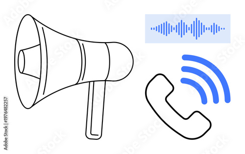 Communication concept. Communication by megaphone for announcements, phone receiver for calls, and sound waves for audio. Communication in media, marketing, customer service, telecommunications