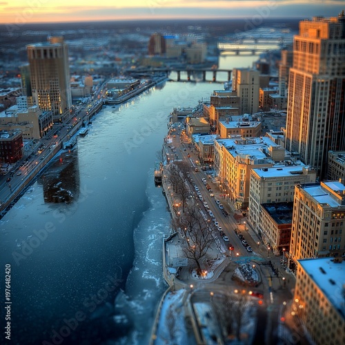 Milwaukee cityscape at sunset with river and buildings.