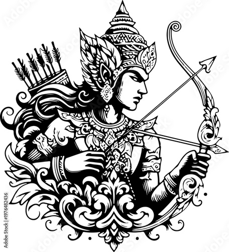 Royal Indonesian Wayang Graphic Art Portrait of a Fierce Archer Warrior Ready to Shoot, Representing Power, Focus, and Heroism, Detailed Gold Digital Artwork
