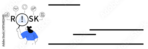 Risk management, decision analysis, strategy, business planning, caution, financial forecasting. A person holds a magnifying glass while icons surround the word risk. Risk management and decision