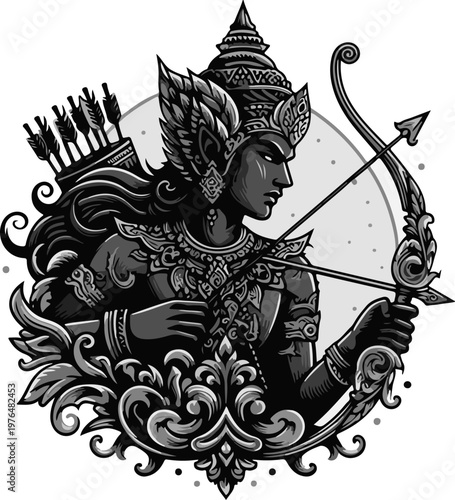 Royal Indonesian Wayang Graphic Art Portrait of a Fierce Archer Warrior Ready to Shoot, Representing Power, Focus, and Heroism, Detailed Gold Digital Artwork
