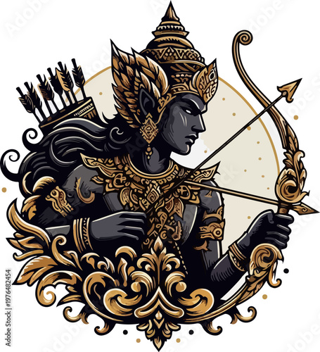 Royal Indonesian Wayang Graphic Art Portrait of a Fierce Archer Warrior Ready to Shoot, Representing Power, Focus, and Heroism, Detailed Gold Digital Artwork