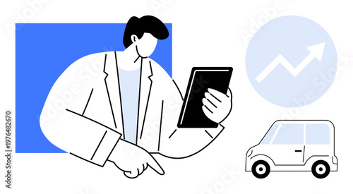 Business management, automotive trends, data analysis, market growth, innovation, strategy development. Minimalist drawing of a man, car tablet and growth chart. Business management and automotive