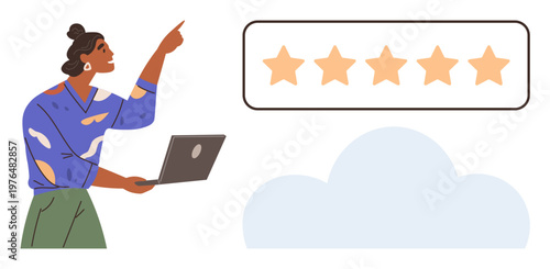 Customer feedback, online reviews, product ratings, digital marketing, quality satisfaction, cloud technology. Person holding laptop pointing at five-star rating. Customer feedback and online reviews