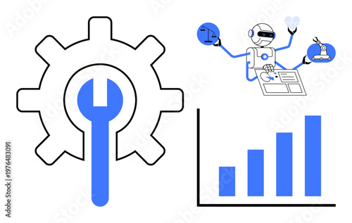 Artificial intelligence, process automation, machine learning, robotics, data analysis, innovation. Gear with a wrench, robot multitasking and analytics bar chart. AI and automation concept