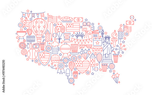 USA Country Independence Day Line Concept. Vector Illustration of Outline July 4 America Celebration. Travel Map with Objects.
