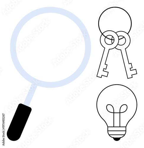 Search concept. Magnifying glass, keys, and light bulb symbols search processes, security solutions, and idea generation. Ideal for innovation, security, research technology and brainstorming