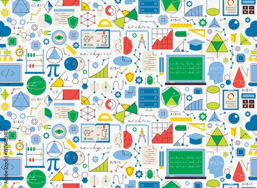 Maths Geometry Seamless Pattern. Vector Illustration of Solid Colorful and Outline Education Objects. Mathematics Sign BG. Science School Background..